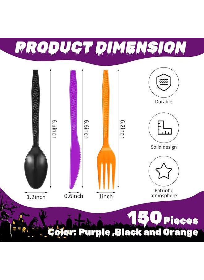 Gerrii 150 Pieces Green Disposable Plastic Cutlery Set Plastic Utensils Plastic Silverware Set Includes Spoons, Forks, and Knives for St Patricks Day Party Supplies (Dark Orange,Purple,Black)