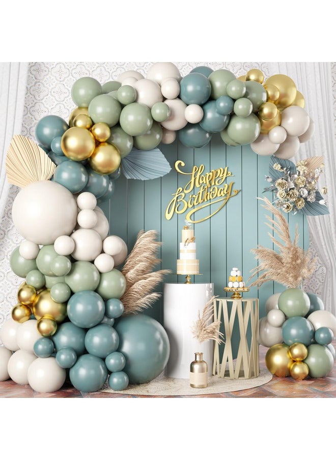 Dusty Sage Green Blue Gold Balloon Garland Kit, 107 PCS Pastel Olive Green Slate Blue Beige Metallic Gold Balloon Arch Kit for Women Men Boho Birthday Wedding Baby Bridal Shower Party Decorations