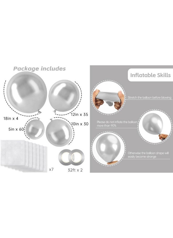 RUBFAC 129pcs Metallic Silver Balloons Latex Balloons Different Sizes 18 12 10 5 Inches Party Balloon Kit for Birthday Party Graduation Wedding Holiday Decoration