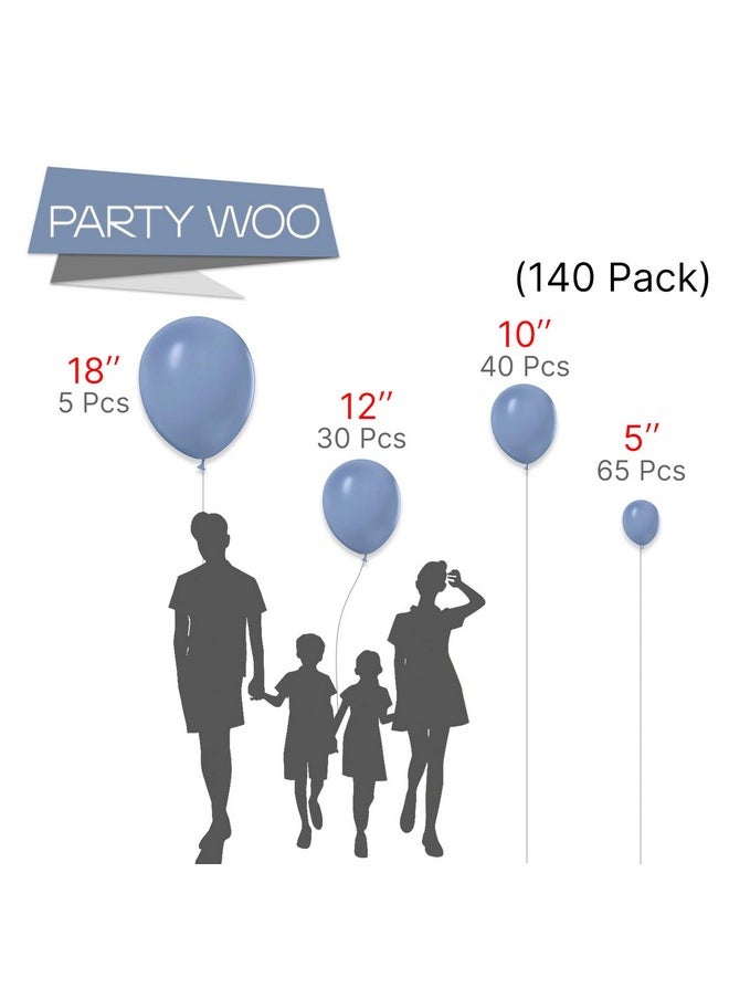 PartyWoo Dusty Blue Balloons, 140 pcs Purplish Boho Blue Balloons Different Sizes Pack of 18 Inch 12 Inch 10 Inch 5 Inch Slate Blue Balloons for Balloon Garland Arch as Party Decorations, Blue-F16
