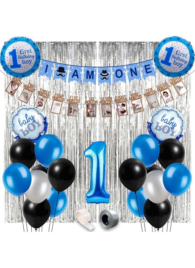 Party Propz 1st Birthday Decoration for Boys - Set of 51 Pcs | 12 Months Photo Banner for Birthday(cardstock) | Silver Foil Curtains for Birthday Decoration | Blue Birthday Decorations for Boys