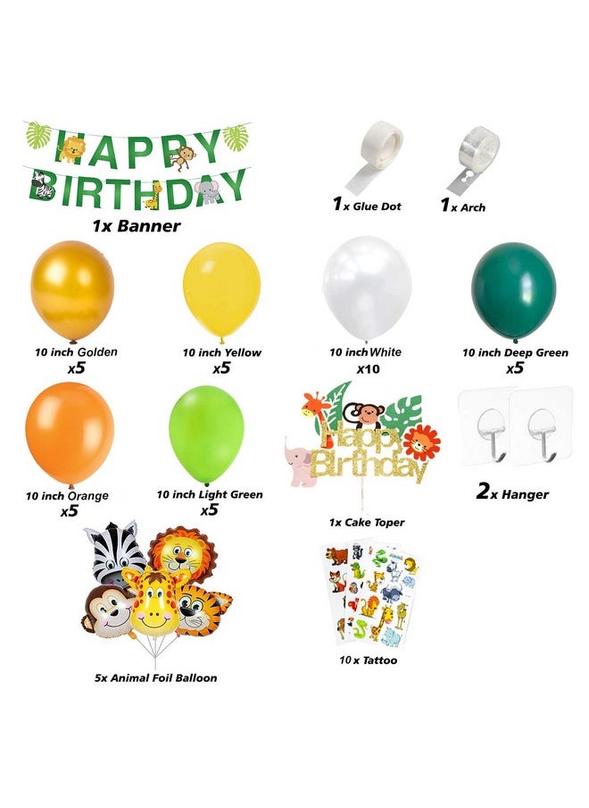 Party Propz Jungle Theme Birthday Decoration - 49Pcs, Jungle Safari Theme Birthday Decoration Items | Jungle Theme Cake Topper, Banner (Cardstock) & Combo Set | Animal Foil Balloons For Decoration