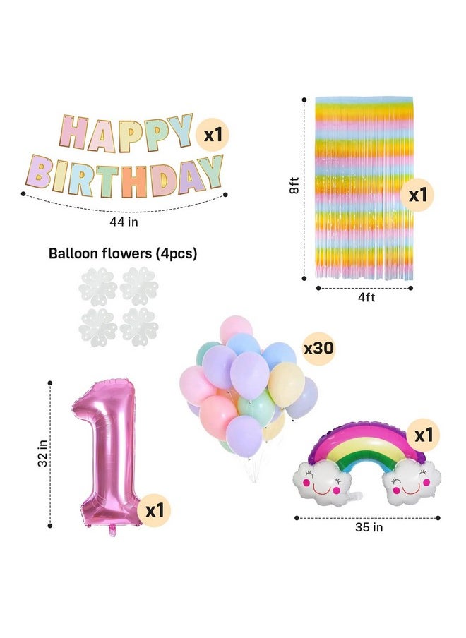 Party Propz 1st Birthday Decoration For Girls - 38 Pcs 1st Birthday Decoration Items | 1 Foil Balloon For First Birthday | Pastel Balloons | Rainbow Foil Curtain | Happy Birthday Banner (Cardstock)