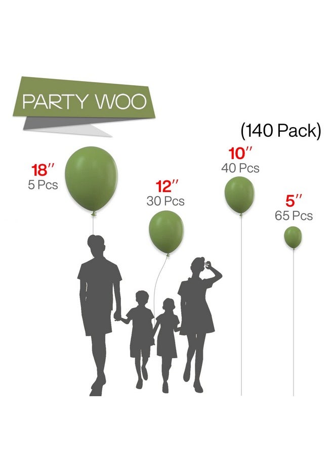 PartyWoo Sage Green Balloons, 140 pcs Boho Green Balloons Different Sizes Pack of 18 Inch 12 Inch 10 Inch 5 Inch Matte Green Balloons for Balloon Garland Balloon Arch as Party Decorations, Green-F11