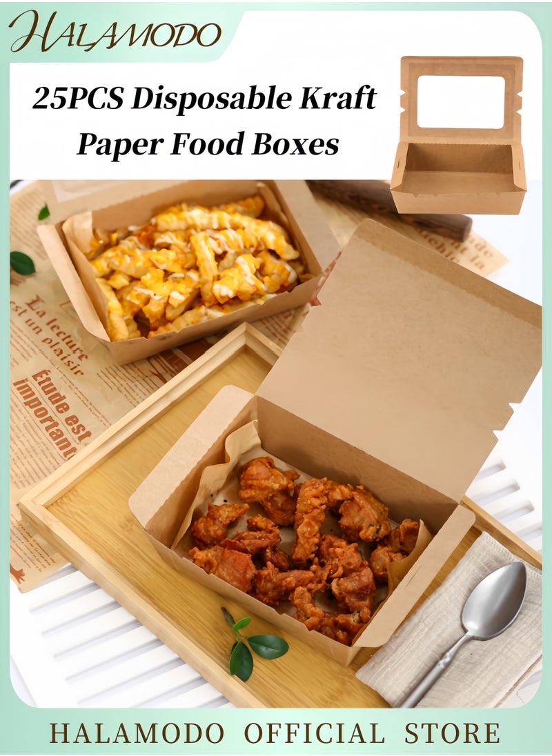 25PCS Kraft Paper Food Boxes Brown Paper Bakery Boxes with Clear Display Window Disposable Take-Out Food Container Lunch Box for Restaurants & Catering & Parties