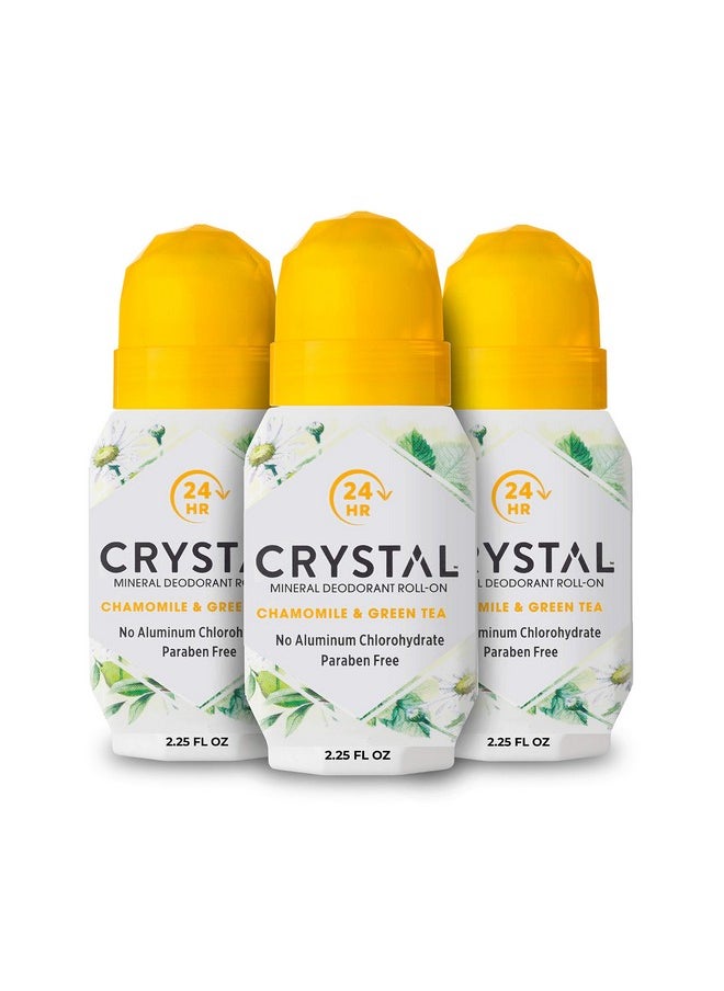 CRYSTAL Mineral Deodorant Roll-On- Body Deodorant With 24-Hour Odor Protection, Non-Staining & Non-Sticky Deodorant with Chamomile & Green Tea, Aluminium Chloride & Paraben Free, 2.25 FL OZ - 3 Pack