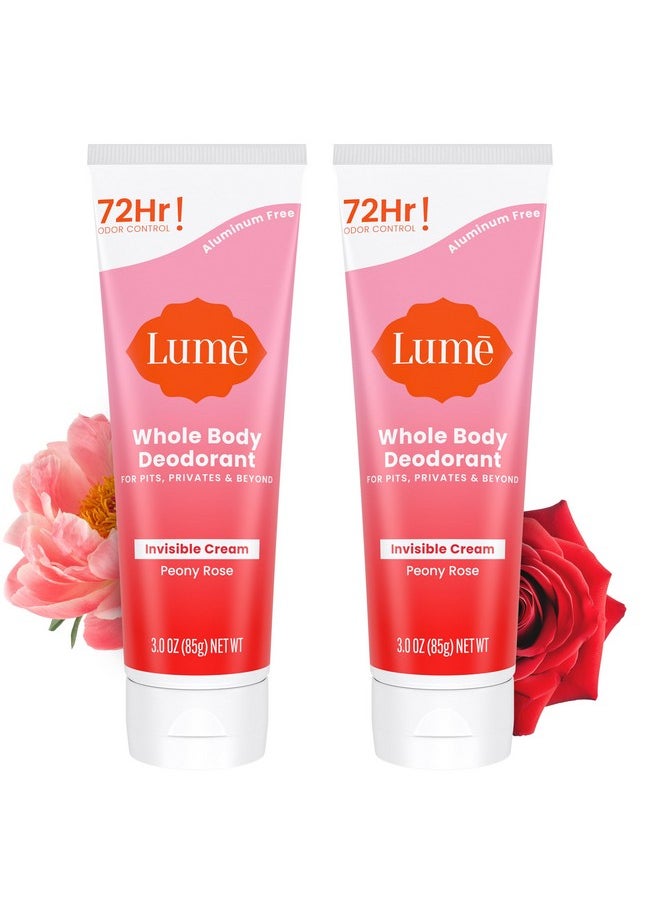 Lume Whole Body Deodorant - Invisible Cream Tube - 72 Hour Odor Control - Aluminum Free, Baking Soda Free, Skin Safe - 3.0 ounce (Pack of 2) (Peony Rose)