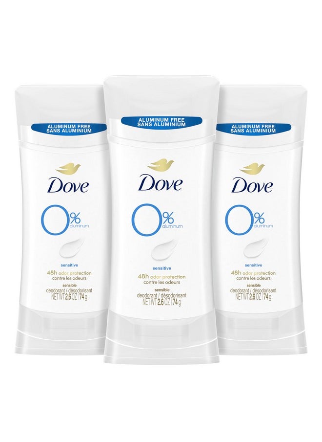 Dove 0% Aluminum Deodorant Stick Sensitive 3 Count Non-irritating Deodorant for Underarm Care Kindest Aluminum Free Deodorant 2.6 oz