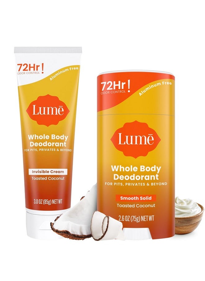 Lume Whole Body Deodorant - Invisible Cream Tube and Solid Stick - 72 Hour Odor Control - Aluminum Free, Baking Soda Free, Skin Safe - 3.0 Ounce 2.6 Ounce Bundle (Toasted Coconut)