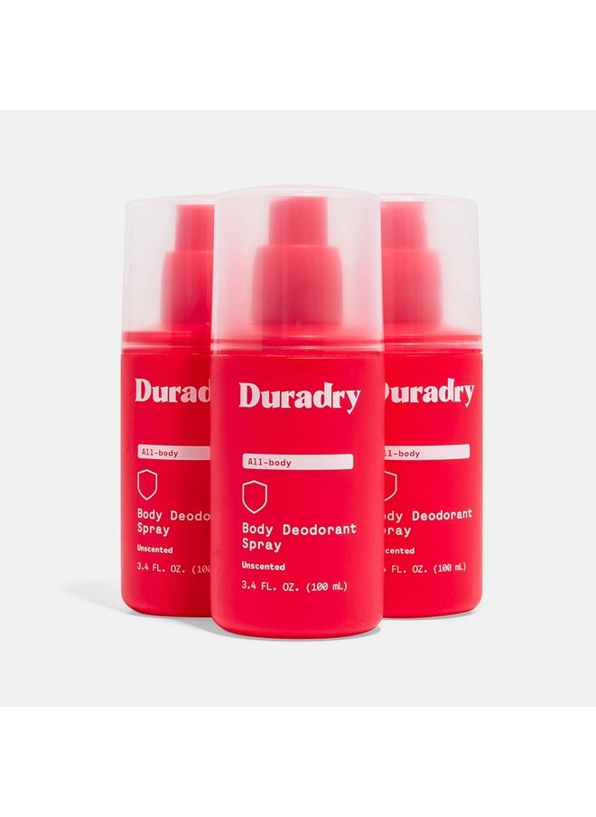 Duradry Body Deodorant Spray - Aluminum Free Deodorant, Prevent and Eliminate Any Body Odor Naturally - Unscented, 3.4 Fl Oz (Pack of 3)
