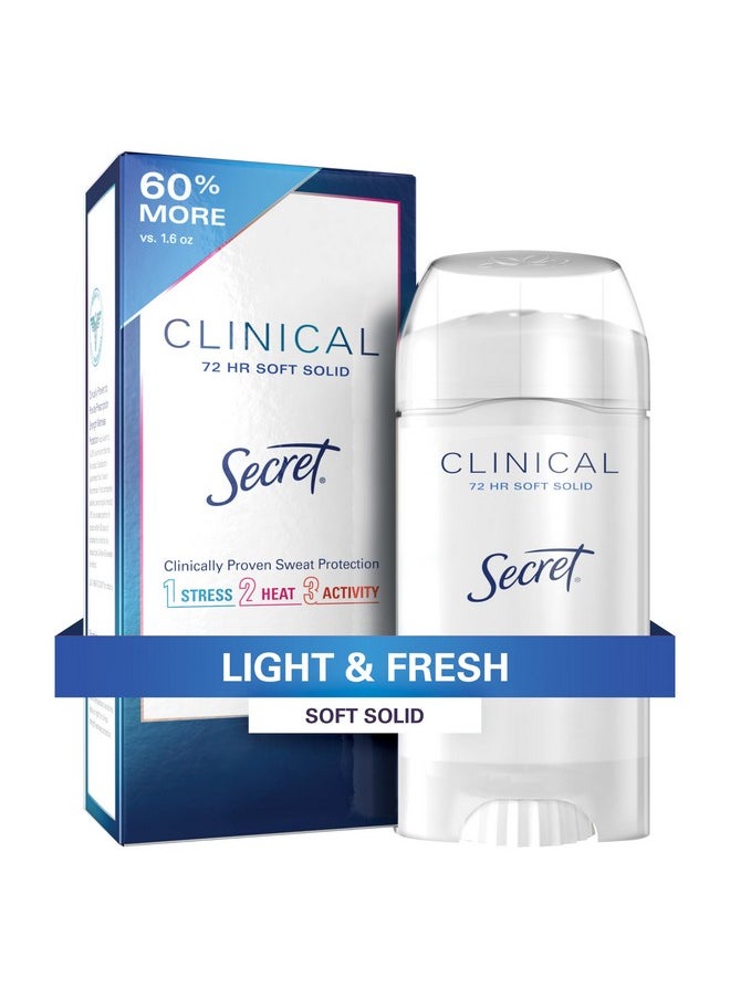 Secret Clinical Strength Antiperspirant and Deodorant for Women, 3X Stress Sweat Protection, PH Balancing Minerals, Soft Solid, Light & Fresh Scent, 2.6 oz