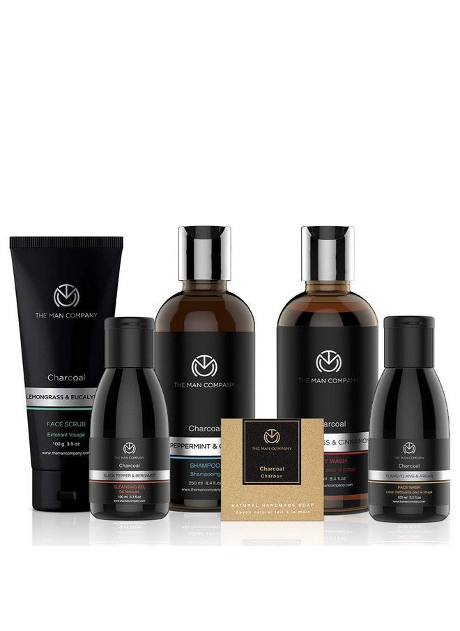 Charcoal Kit Set Of 6 - Body Wash, Shampoo, Face Scrub, Face Wash, Cleansing Gel, Soap | Best Gift For Men | Combo Set For Husband, Boyfriend