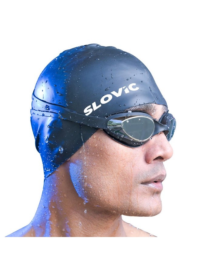 SLOVIC Black Swimming Goggles & Black Swimming Caps for Men & Women with Silicon | Waterproof | Free Size Cap, UV-Protected Anti-Fog Glasses, Adjustable Strap