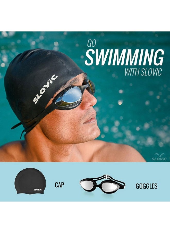 SLOVIC Black Swimming Goggles & Black Swimming Caps for Men & Women with Silicon | Waterproof | Free Size Cap, UV-Protected Anti-Fog Glasses, Adjustable Strap