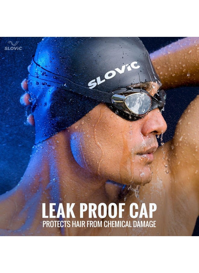 SLOVIC Black Swimming Goggles & Black Swimming Caps for Men & Women with Silicon | Waterproof | Free Size Cap, UV-Protected Anti-Fog Glasses, Adjustable Strap