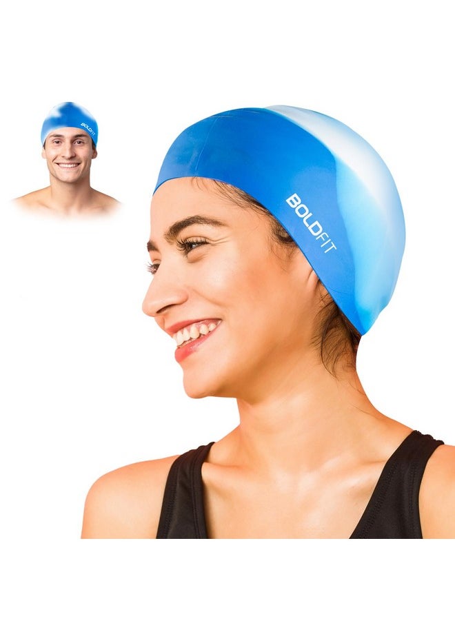 Boldfit Swimming Cap for Men Silicone Swimming Caps for Women Unisex Swimming Cap for Kids Boys & Girls Swimming Cap for Women Long Hair Swimming Head Cap Men Silicone Fabric, Easy Fit - WhiteBlue