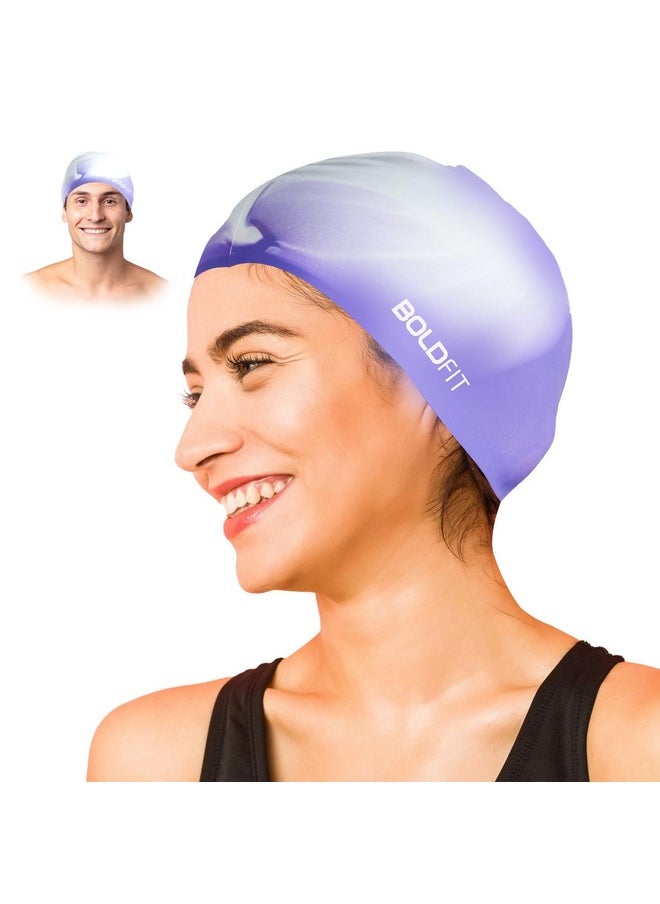 Boldfit Swimming Cap for Men Silicone Swimming Caps for Women Unisex Swimming Cap for Kids Boys & Girls Swimming Cap for Women Long Hair Swimming Head Cap Men Silicone Fabric, Easy Fit - WhitePurple