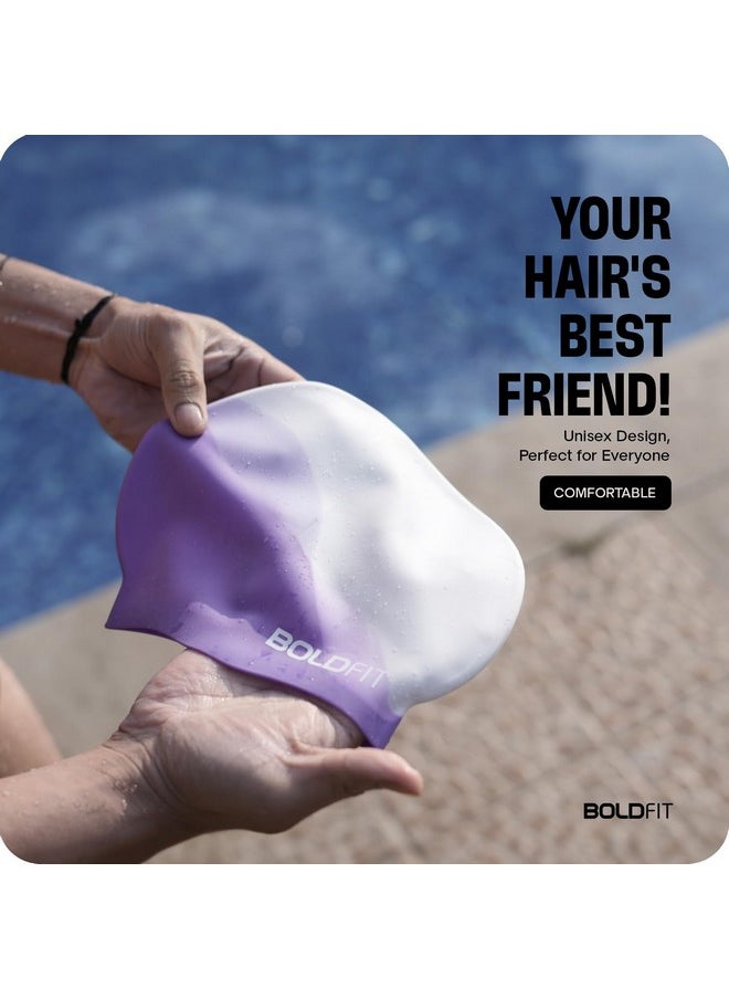 Boldfit Swimming Cap for Men Silicone Swimming Caps for Women Unisex Swimming Cap for Kids Boys & Girls Swimming Cap for Women Long Hair Swimming Head Cap Men Silicone Fabric, Easy Fit - WhitePurple