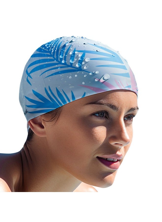 SLOVIC White Leaf Printed Swimming Caps for Men and Women with Long Hair | Waterproof Cap for Swimming Silicone | Free-Size for Great Fit | No Hair Pulling | Prevents Chemical Damage