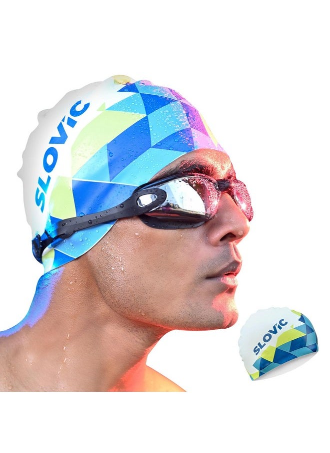 SLOVIC White-Blue Printed Swimming Caps for Men and Women with Long Hair | Waterproof Cap for Swimming Silicone | Free-Size for Great Fit | No Hair Pulling | Prevents Chemical Damage