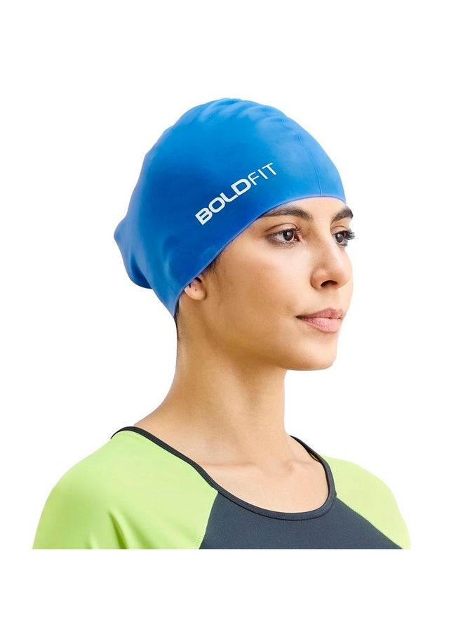 Boldfit Swimming Cap for Women Silicone Long Swimming Caps for Women Swim Cap for Girls with Long Hair Swim Cap for Women Long Hair for Dry Hair Swimming Head Cap for Long Hair Easy Fit - Blue