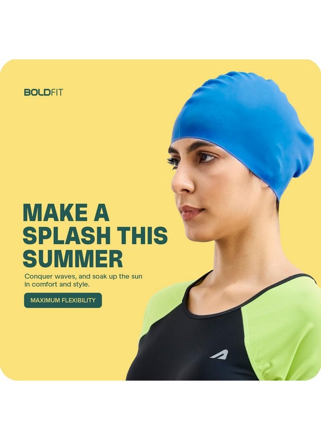 Boldfit Swimming Cap for Women Silicone Long Swimming Caps for Women Swim Cap for Girls with Long Hair Swim Cap for Women Long Hair for Dry Hair Swimming Head Cap for Long Hair Easy Fit - Blue