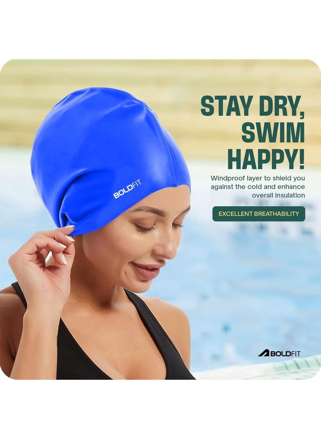 Boldfit Swimming Cap for Women Silicone Long Swimming Caps for Women Swim Cap for Girls with Long Hair Swim Cap for Women Long Hair for Dry Hair Swimming Head Cap for Long Hair Easy Fit - Blue