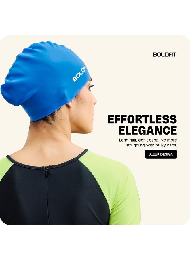 Boldfit Swimming Cap for Women Silicone Long Swimming Caps for Women Swim Cap for Girls with Long Hair Swim Cap for Women Long Hair for Dry Hair Swimming Head Cap for Long Hair Easy Fit - Blue