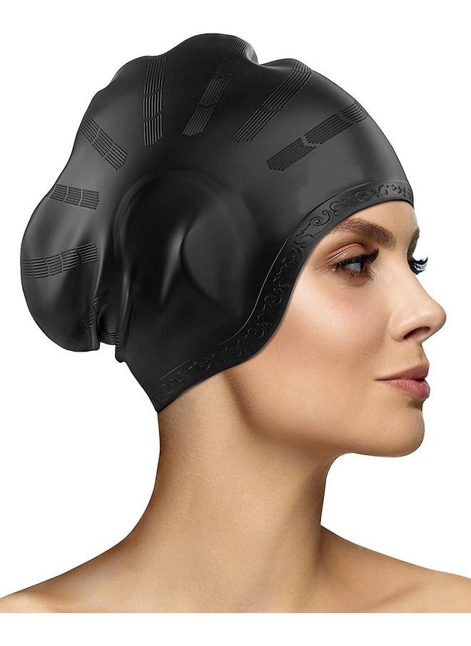 Rylan Latest Designed Long Hair Swim Cap,Waterproof Silicone Swimming Cap for Adult Woman and Men,Keeps Hair Clean with Ear Protector Fresh Long Lasting Silicone Made Waterproof Swimming Cap (Black)