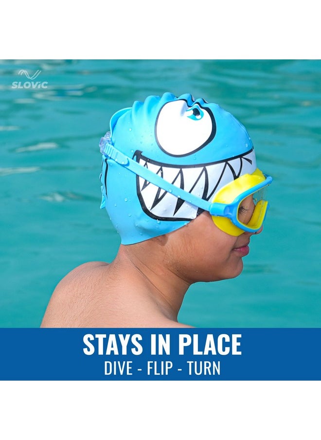 SLOVIC Blue Shark Printed Swimming Caps for Kids | Waterproof Silicone for Boys & Girl | Swimming Caps for Kids 6-14 | No Hair Pulling | Free Size Swimming Caps for Kids