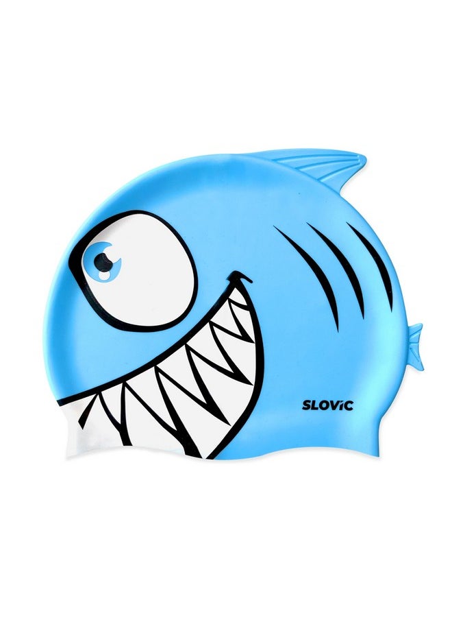 SLOVIC Blue Shark Printed Swimming Caps for Kids | Waterproof Silicone for Boys & Girl | Swimming Caps for Kids 6-14 | No Hair Pulling | Free Size Swimming Caps for Kids