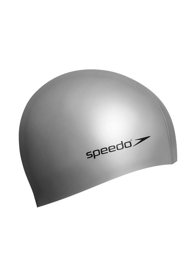 Speedo Unisex Flat Silicone Swim Cap for Men and Women - Silver