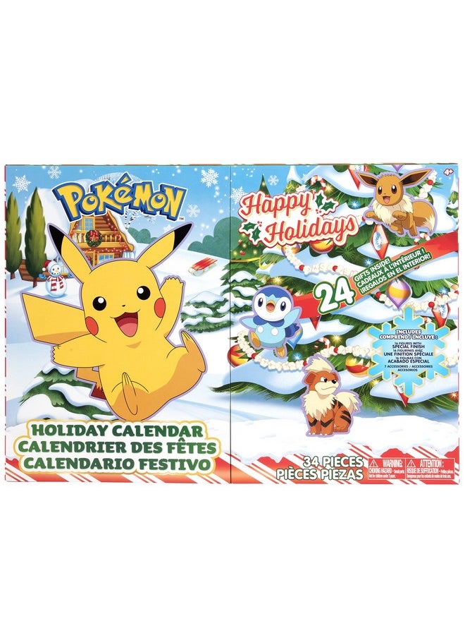 Pokemon Holiday Advent Calendar for Kids, 24 Piece Gift Playset - Set Includes Pikachu, Eevee, Jigglypuff and More - 16 Toy Character Figures & 8 Christmas Accessories - Ages 4+