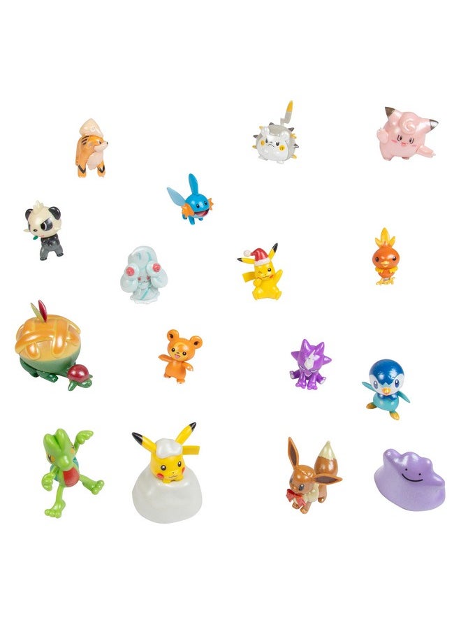 Pokemon Holiday Advent Calendar for Kids, 24 Piece Gift Playset - Set Includes Pikachu, Eevee, Jigglypuff and More - 16 Toy Character Figures & 8 Christmas Accessories - Ages 4+