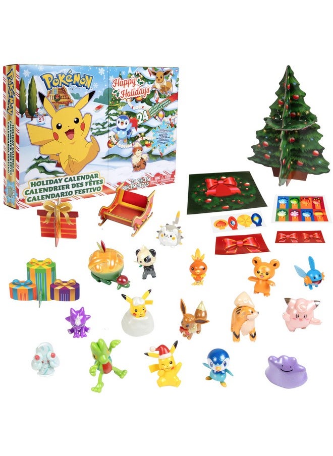 Pokemon Holiday Advent Calendar for Kids, 24 Piece Gift Playset - Set Includes Pikachu, Eevee, Jigglypuff and More - 16 Toy Character Figures & 8 Christmas Accessories - Ages 4+