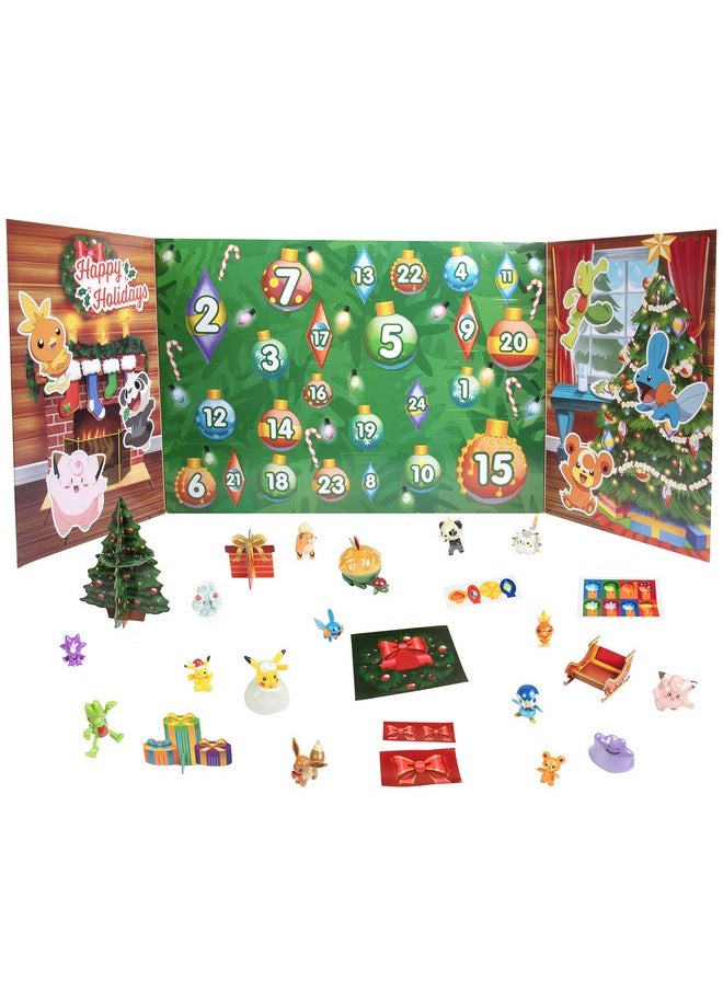 Pokemon Holiday Advent Calendar for Kids, 24 Piece Gift Playset - Set Includes Pikachu, Eevee, Jigglypuff and More - 16 Toy Character Figures & 8 Christmas Accessories - Ages 4+