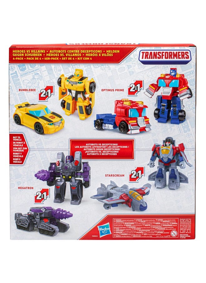 Transformers Toys Heroes vs Villains 4-Pack, Autobot and Decepticon 4.5-Inch Action Figures, Preschool Robot Toys for Kids Ages 3 and Up