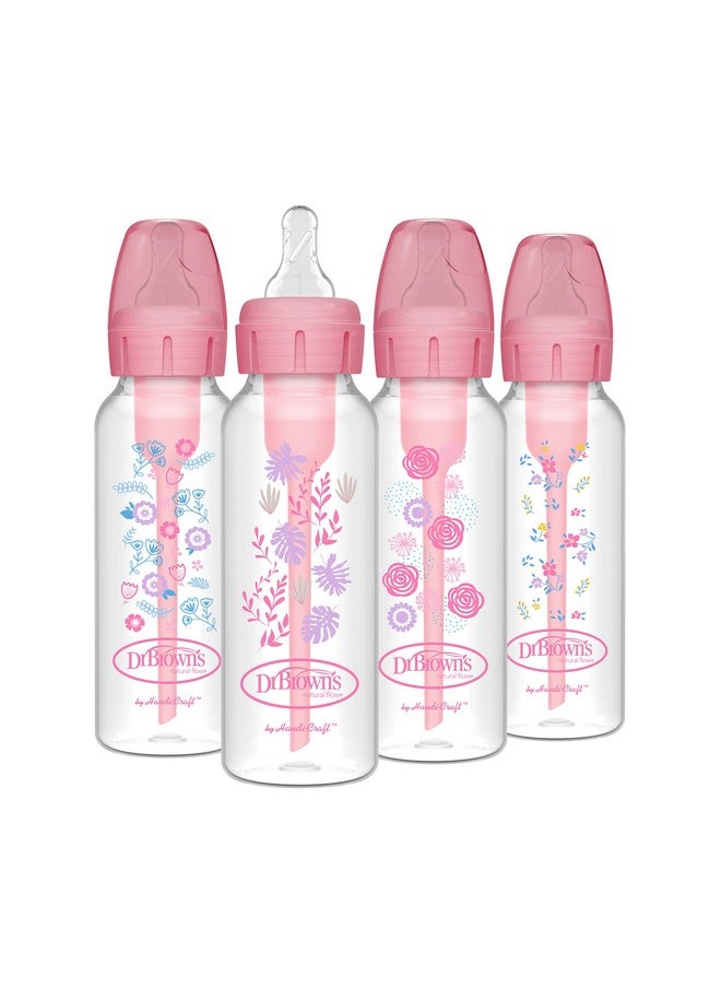 Natural Flow Anti-Colic Options+ Narrow Baby Bottle, Pink Floral, 8 Oz/250 Ml, With Level 1 Slow Flow Nipples, 0M+, 4 Bottles, 4 Units (Pack Of 1)