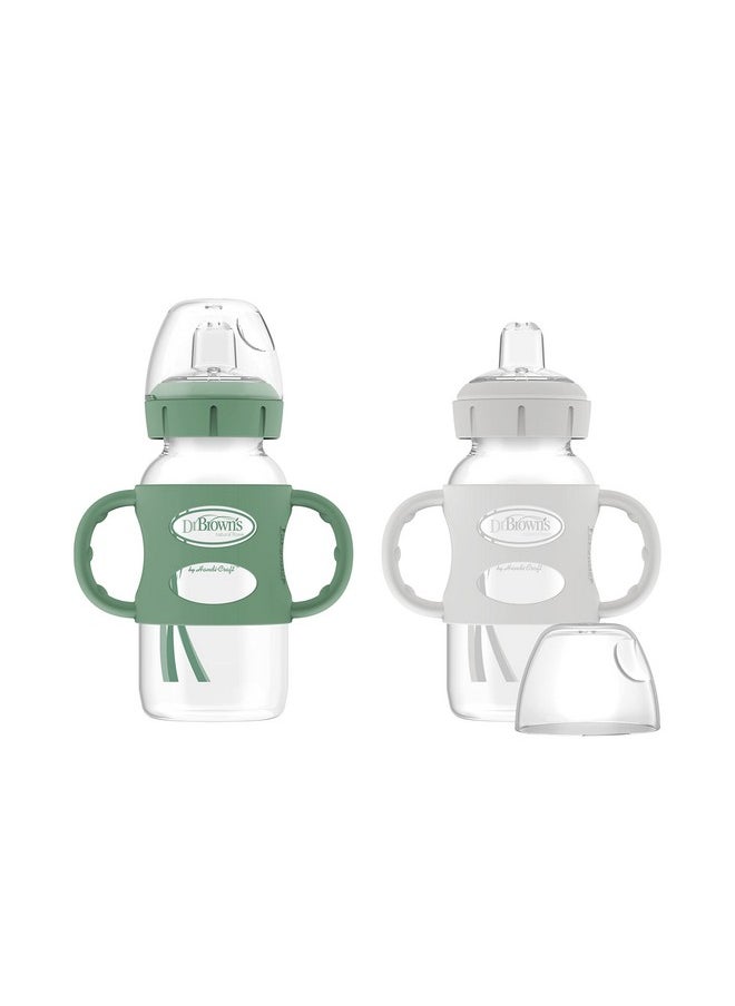 Dr. Brown's Milestones Wide-Neck Sippy Spout Bottle with 100% Silicone Handles, Easy-Grip Handles with Soft Sippy Spout, 9oz/270mL, Green & Gray, 2-Pack, 6m+