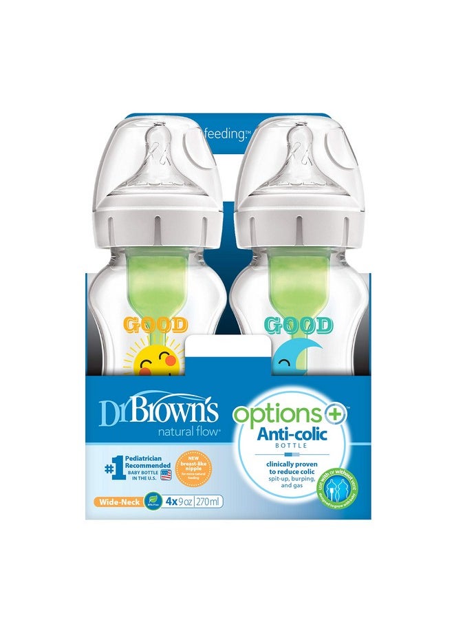 Dr. Brown’s Natural Flow® Anti-Colic Options+™ Wide Baby Bottles, 9 oz/270ml, with Level 1 Slow Flow Nipple, 4 Pack Good Morning/Good Night Gift Set