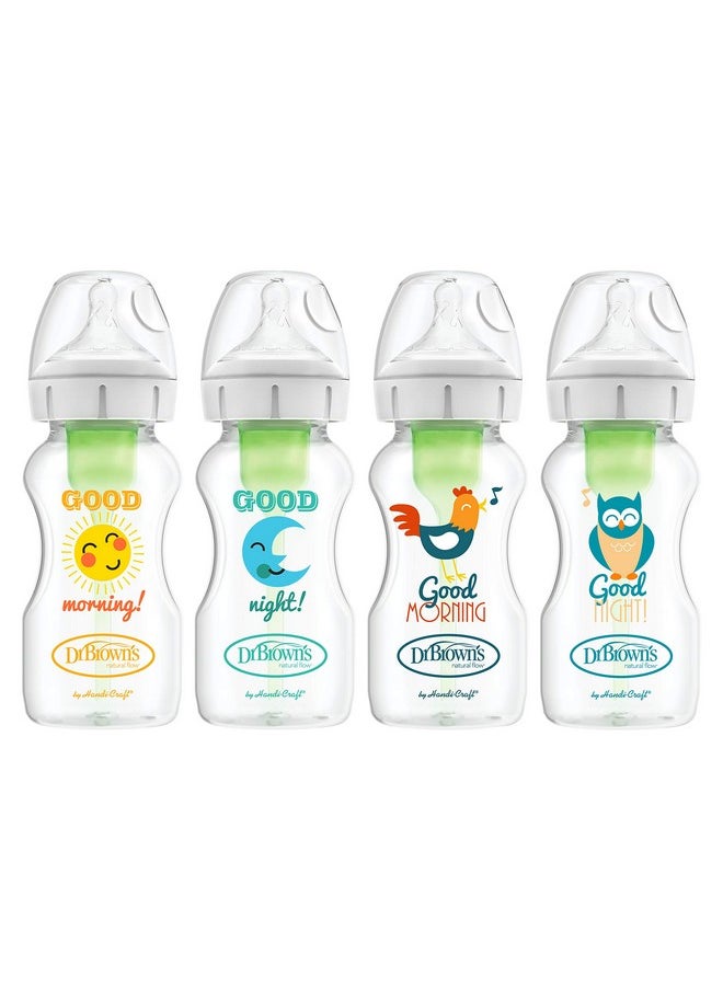 Dr. Brown’s Natural Flow® Anti-Colic Options+™ Wide Baby Bottles, 9 oz/270ml, with Level 1 Slow Flow Nipple, 4 Pack Good Morning/Good Night Gift Set