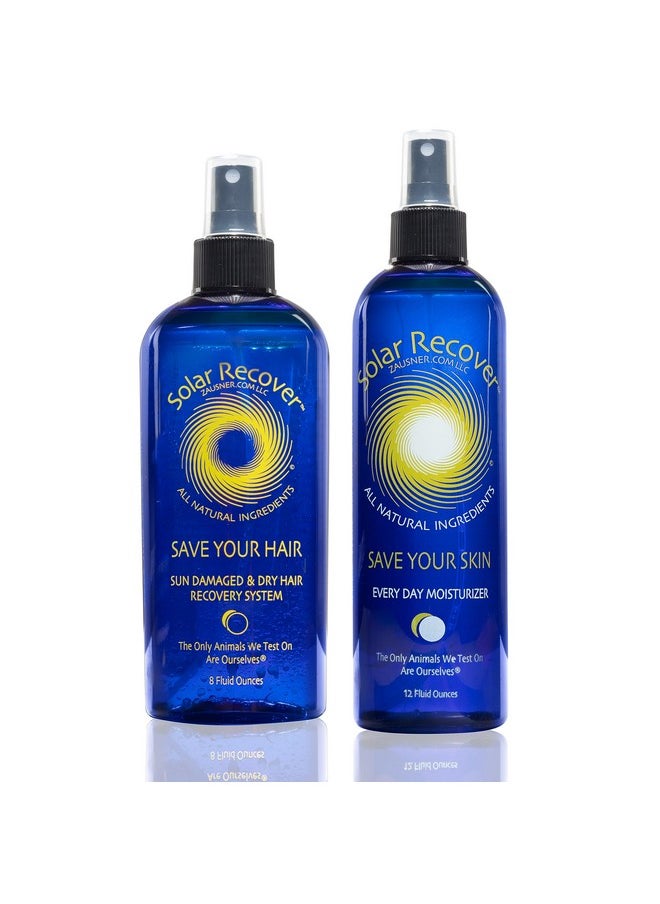 Solar Recover After Sun Moisturizing Spray + Hair Detangler Combo - 12oz Hydrating Facial and Body Mist for Sunburn Relief + 8oz All Natural Leave-In Conditioner