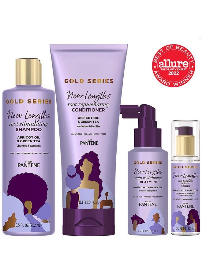 Pantene New Lengths Bundle with Root Stimulating Shampoo, Rejuvenating Conditioner, Scalp Revitalizing Treatment and Anti-Breakage Serum, made with Apricot Oil and Green Tea, for Natural and CurlyHair