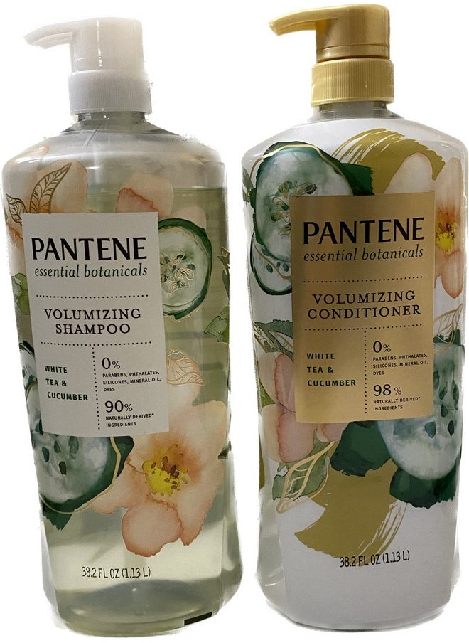 Pantene Essential Botanicals White Tea and Cucumber Volumizing Shampoo and Conditioner Set - 38.2 oz Per Bottle - 0% Parabens, Dyes, Mineral Oil, Phthalates, and Phosphates