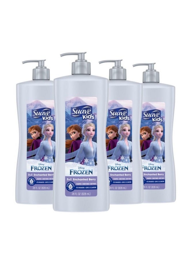 Suave Kids 3 in 1 Enchanted Berry Shampoo, Conditioner, & Body Wash,Dermatologist Tested and Tear-free 28 Oz, (Pack of 4) Packaging may vary