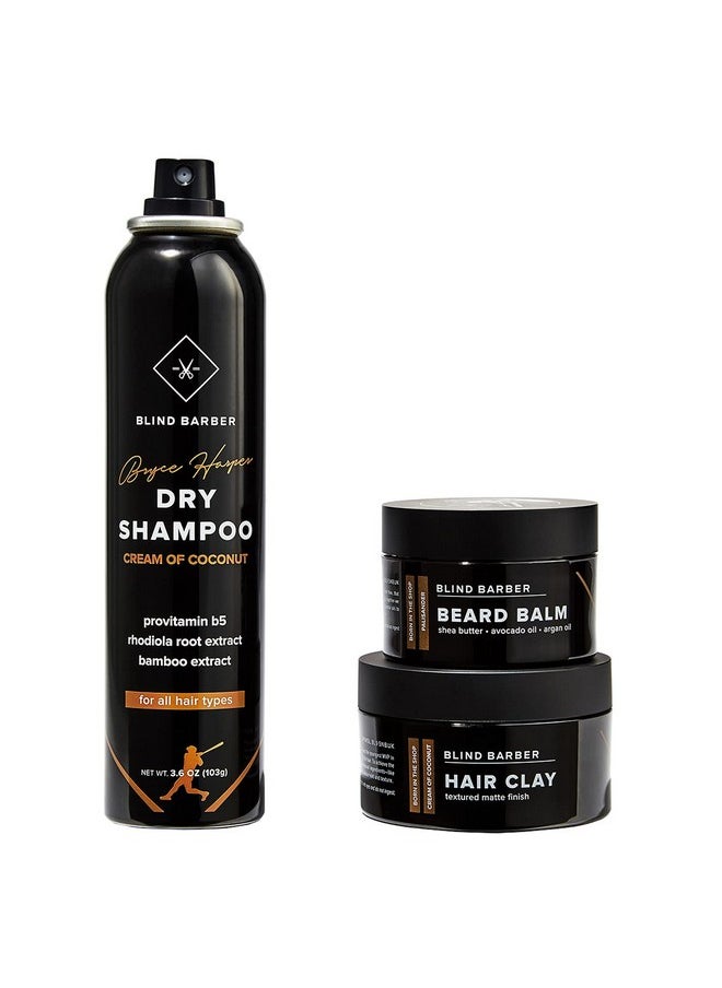 Blind Barber Bryce Harper Signature Series Gift Set - Men’s Hair, Beard & Grooming Kit with Dry Shampoo, Beard Balm, & Hair Clay Styling Paste for Men (3 Piece Set)