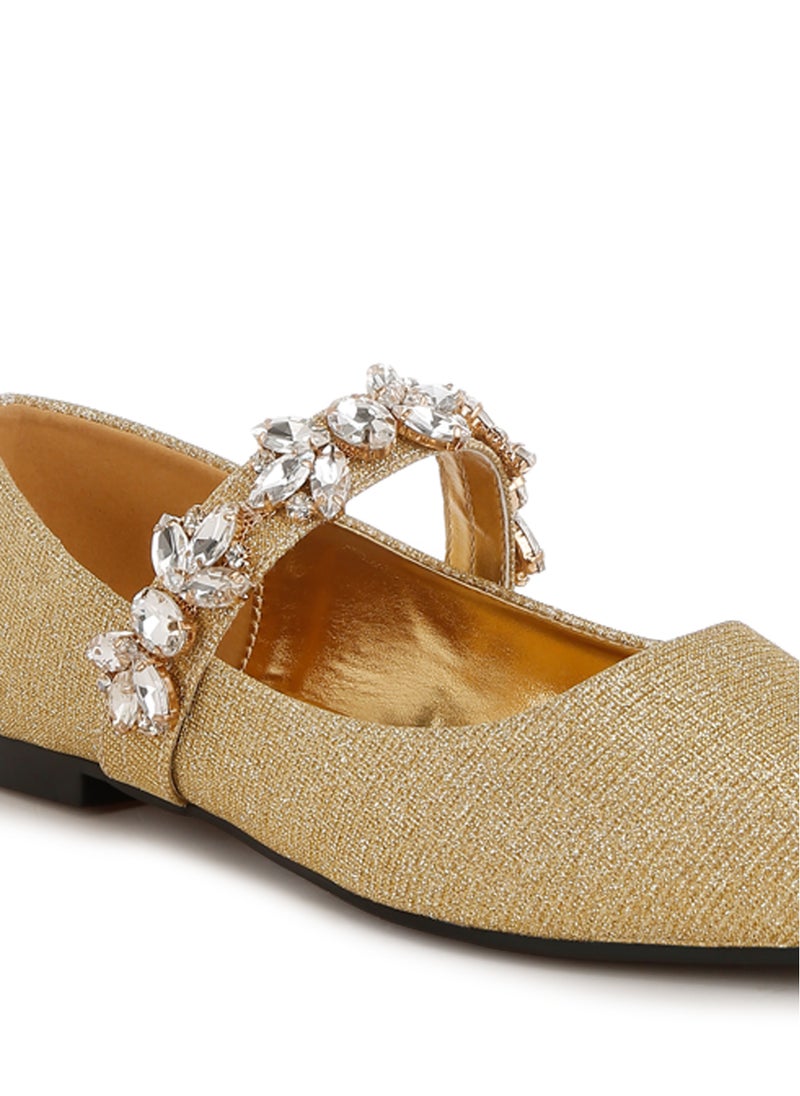 Diamante Brooch Glitter Ballerinas in Gold