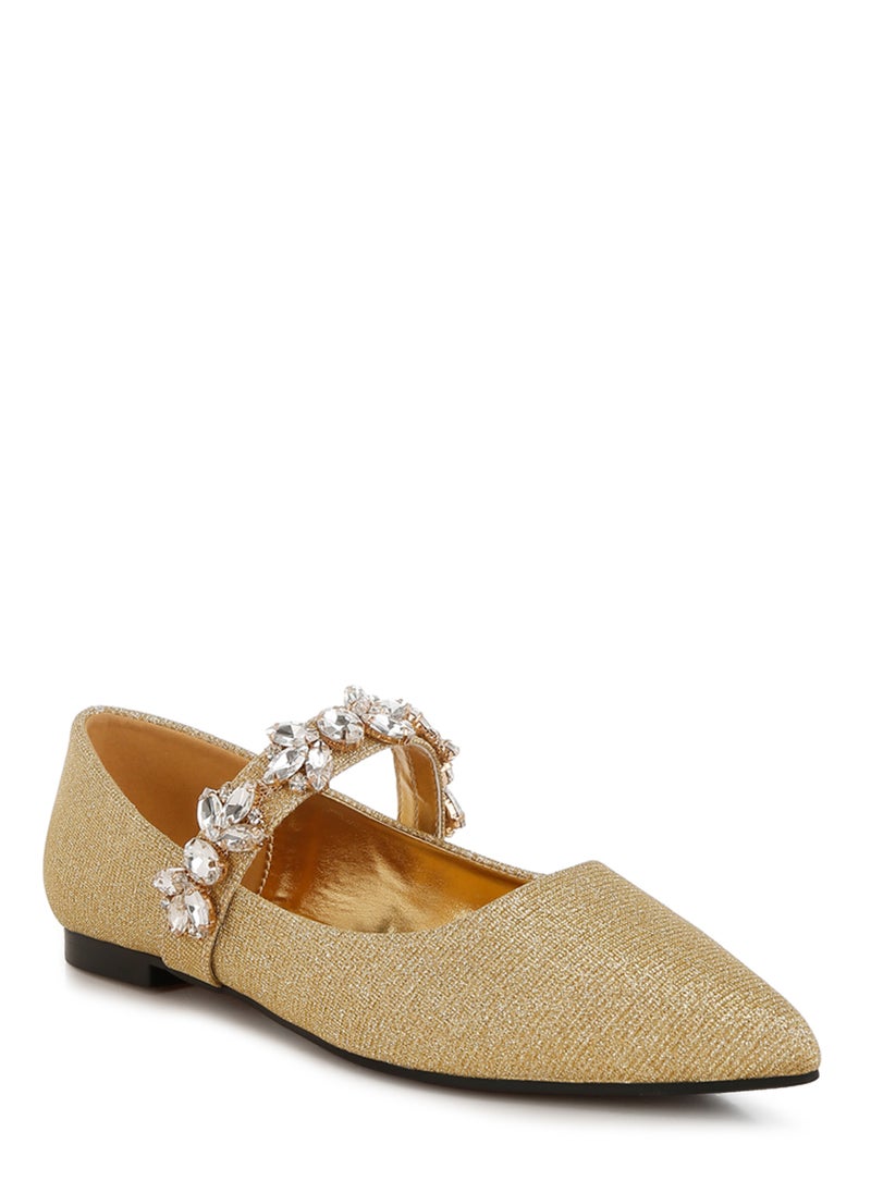 Diamante Brooch Glitter Ballerinas in Gold