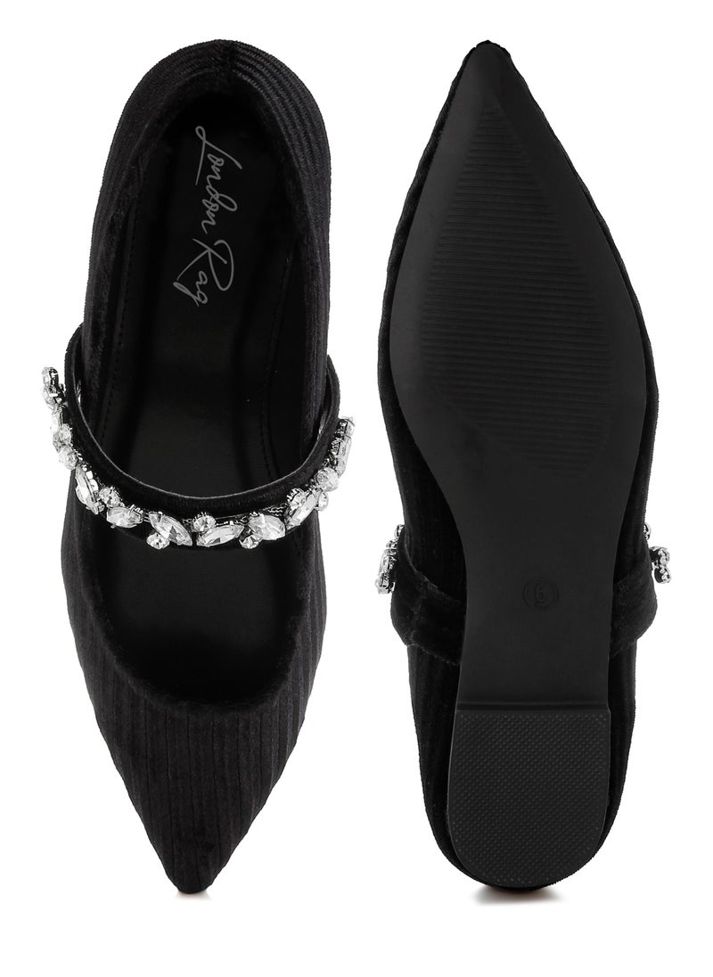 Diamante Brooch Velvet Ballerinas in Black