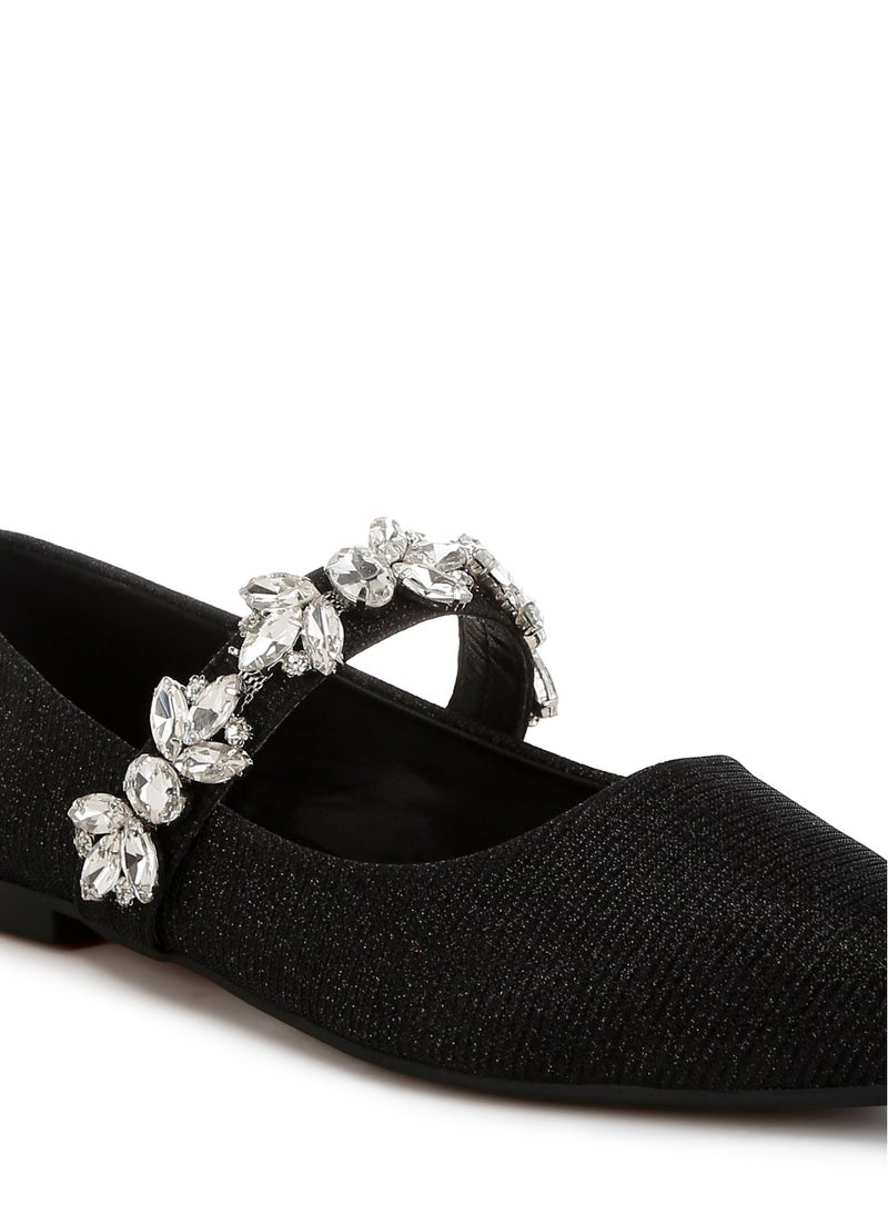 Diamante Brooch Glitter Ballerinas in Black